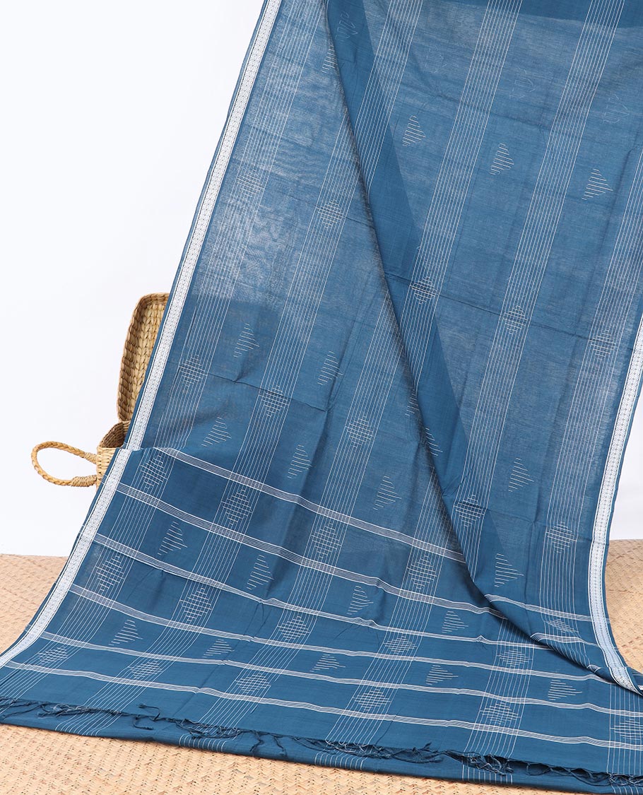 Blue geometric patterned Andhra cotton saree, unique design border & striped pallu 