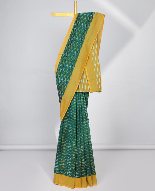 Dark green geometric design ikkat cotton saree with contrast border & intricate design pallu