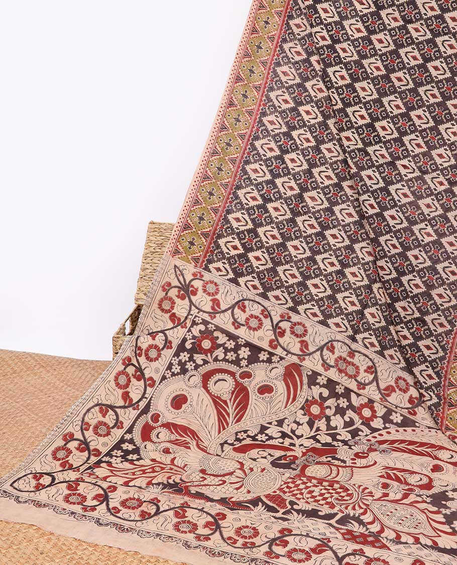 Multi- color floral enclosed checked design kalamkari cotton saree with contrast border & peacock design pallu