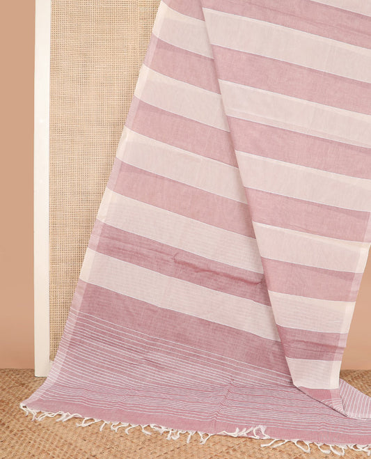 Borderless light sandal and light purple striped jute cotton saree, self-pallu of stripes
