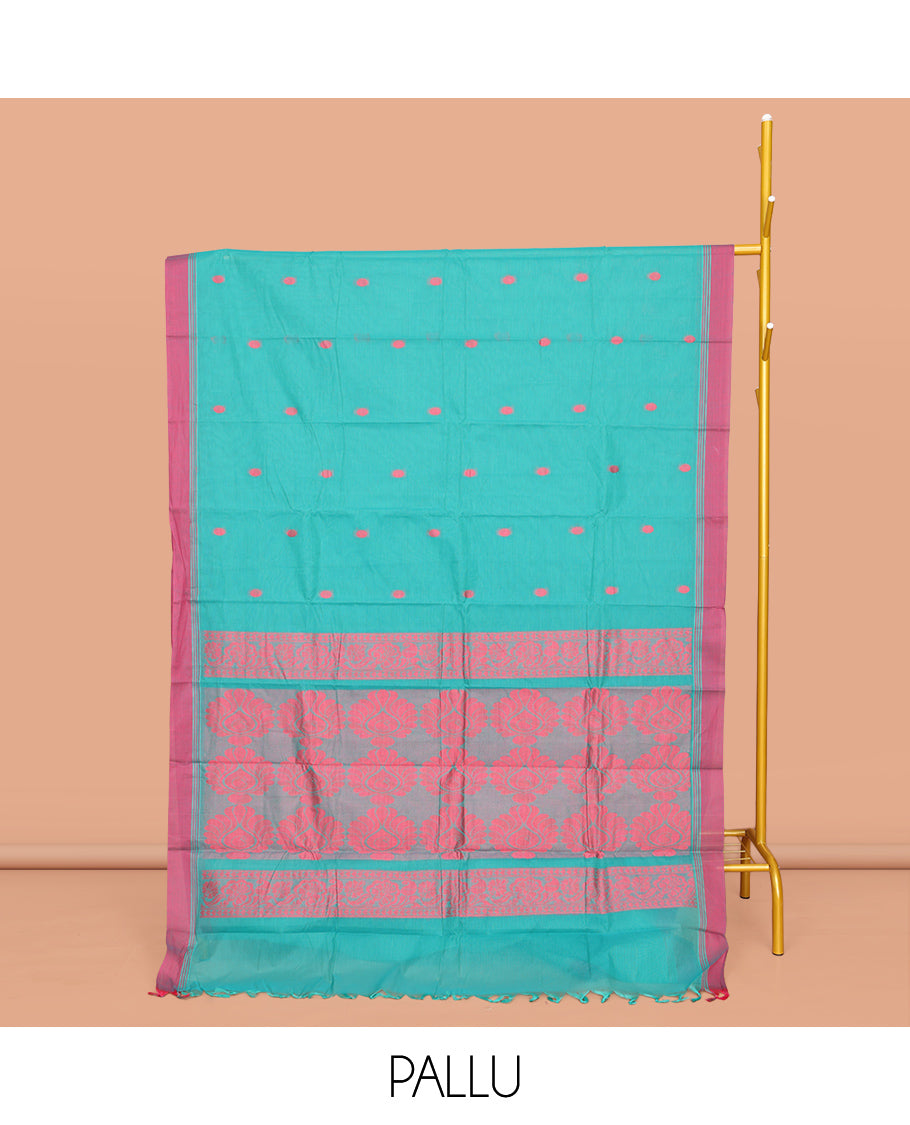 Blue Kanchi Cotton Saree, Features Buttas All Over Its Body, Complemented by a Contrast Border, Pallu of Intricate Designs, and Paired with a Matching Blouse
