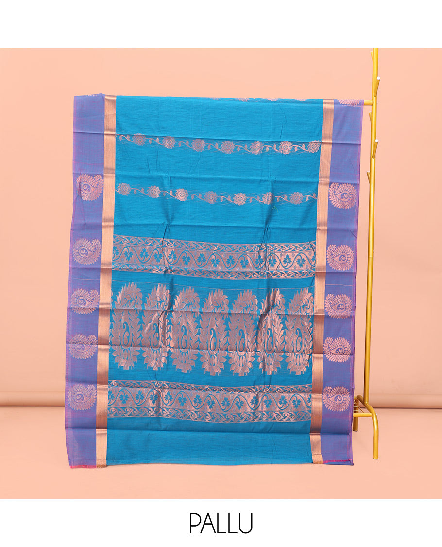 Blue Semi-Silk Cotton Saree, Artfully Adorned with Floral Creeper Design All Over Its Body, Complemented by a Contrast Paisley Zari Design Border, Pallu of Paisley Design, and Paired with a Matching Blouse