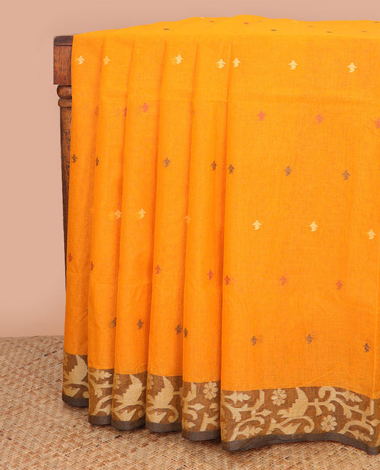 Orange motifs bengal cotton saree with contrast floral design border & striped, motifs pallu