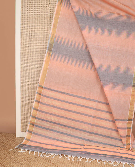 Light orange & grey-color striped jute cotton saree, zari border & pallu of stripes