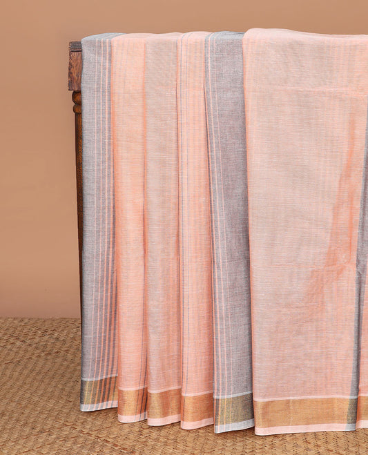 Light orange & grey-color striped jute cotton saree, zari border & pallu of stripes