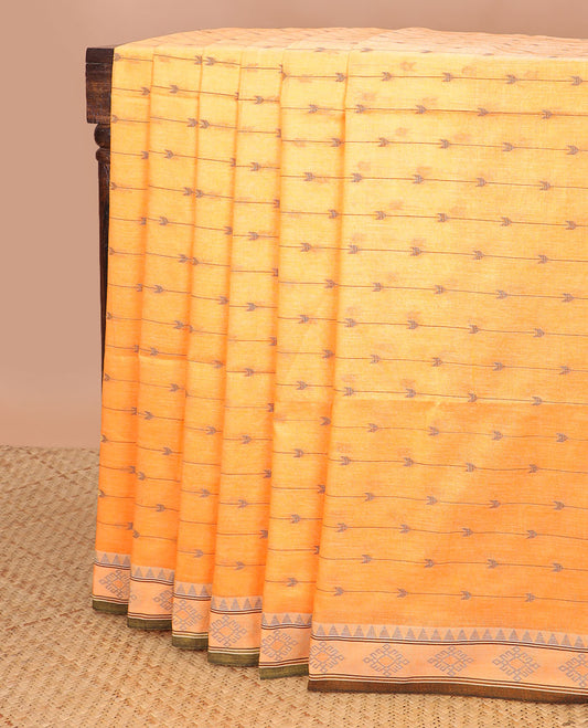 Orange striped, arrow design ikkat cotton saree with contrast floral design border & striped pallu