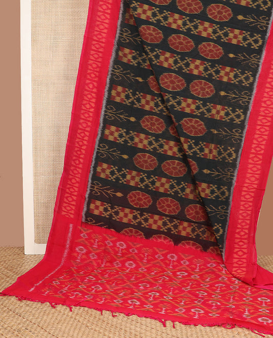 Black floral & checks Pochampally cotton saree, contrast ikkat border & pallu of ikkat jaal design