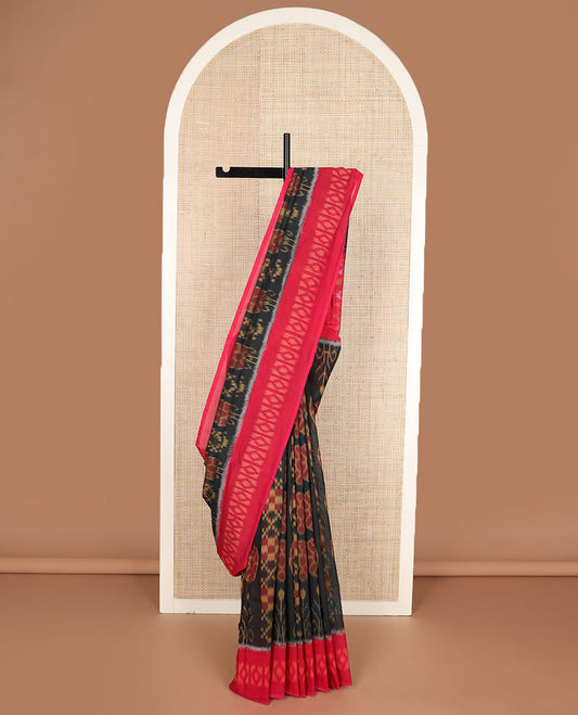 Black floral & checks Pochampally cotton saree, contrast ikkat border & pallu of ikkat jaal design