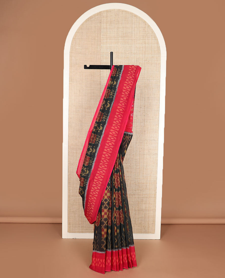Black floral & checks Pochampally cotton saree, contrast ikkat border & pallu of ikkat jaal design