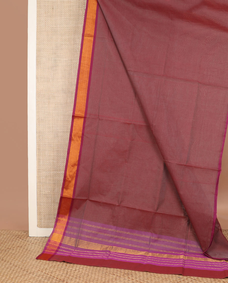 Maroon plain Venkatagiri cotton saree, contrast zari border & pallu of zari stripes