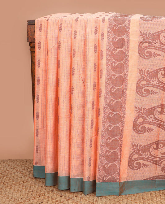 Orange buttas with stripes kanchi cotton saree, contrast border, and paisley motifs pallu