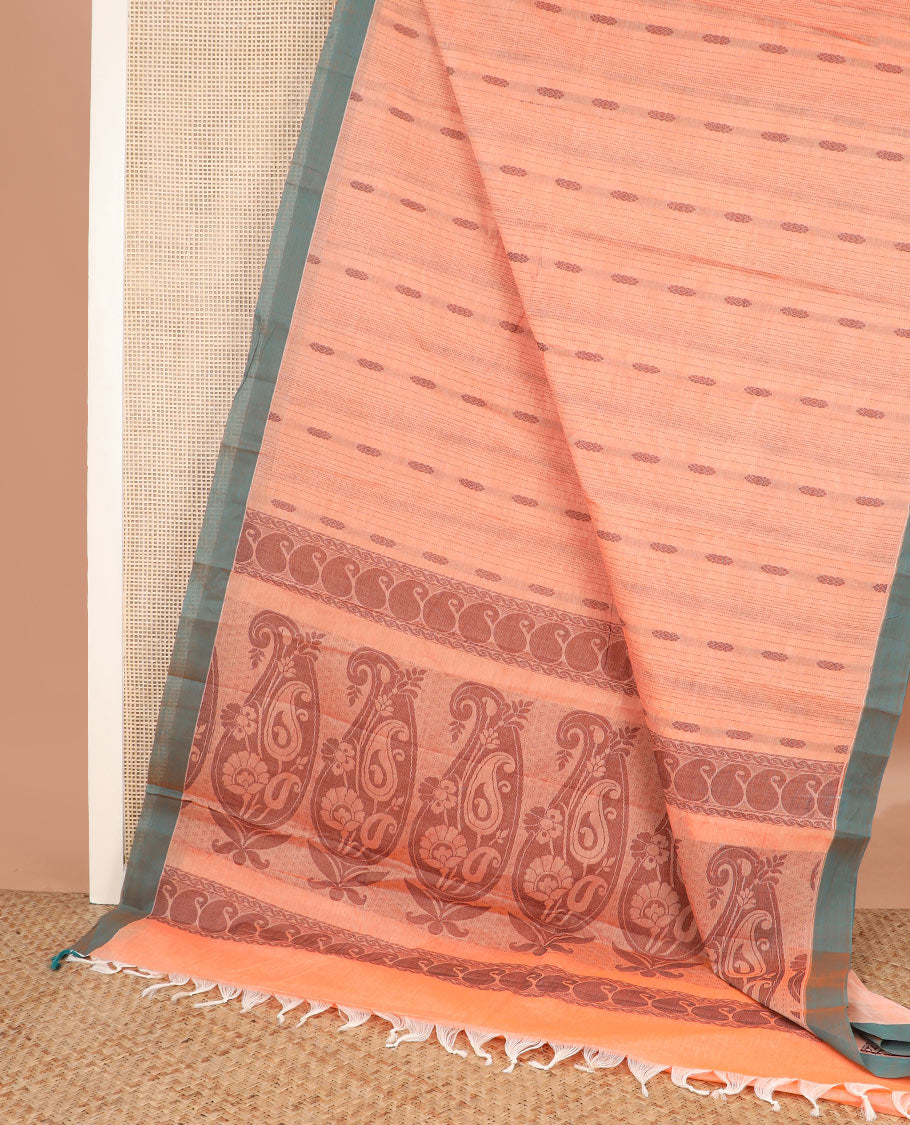 Orange buttas with stripes kanchi cotton saree, contrast border, and paisley motifs pallu
