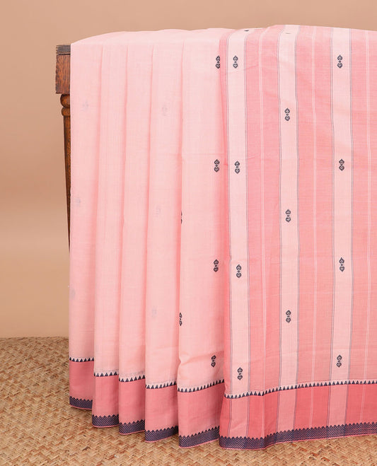 Pink buttas Andhra cotton saree, contrast temple border, and pallu of stripes and buttas