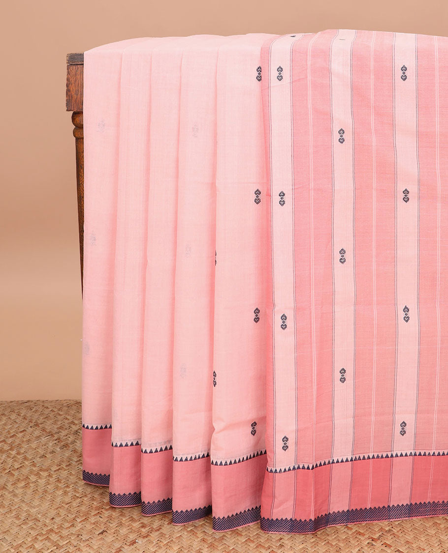 Pink buttas Andhra cotton saree, contrast temple border, and pallu of stripes and buttas