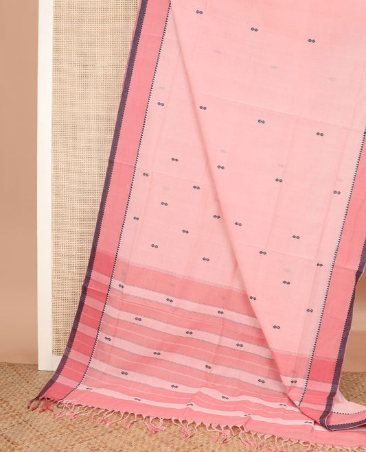 Pink buttas Andhra cotton saree, contrast temple border, and pallu of stripes and buttas