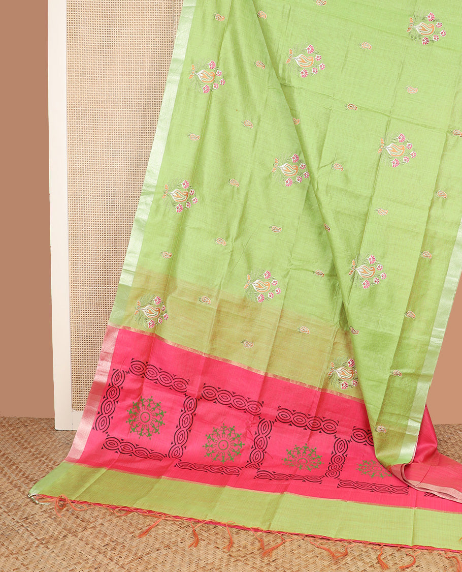 Parrot green paisley thread embroidered Chirala cotton saree, bavanji border, and contrast warli printed pallu
