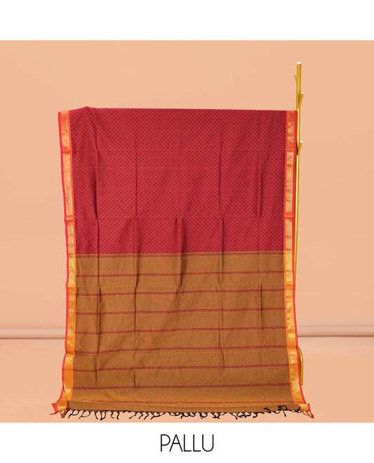 Maroon Checked Poly Cotton Saree, Complemented by Contrast Zari Border, Pallu of Stripes, and Paired with a Contrast Blouse
