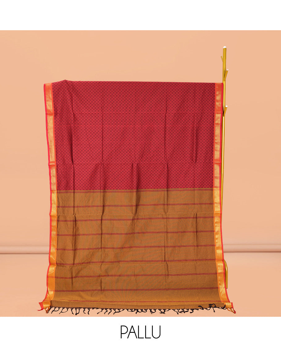 Maroon Checked Poly Cotton Saree, Complemented by Contrast Zari Border, Pallu of Stripes, and Paired with a Contrast Blouse