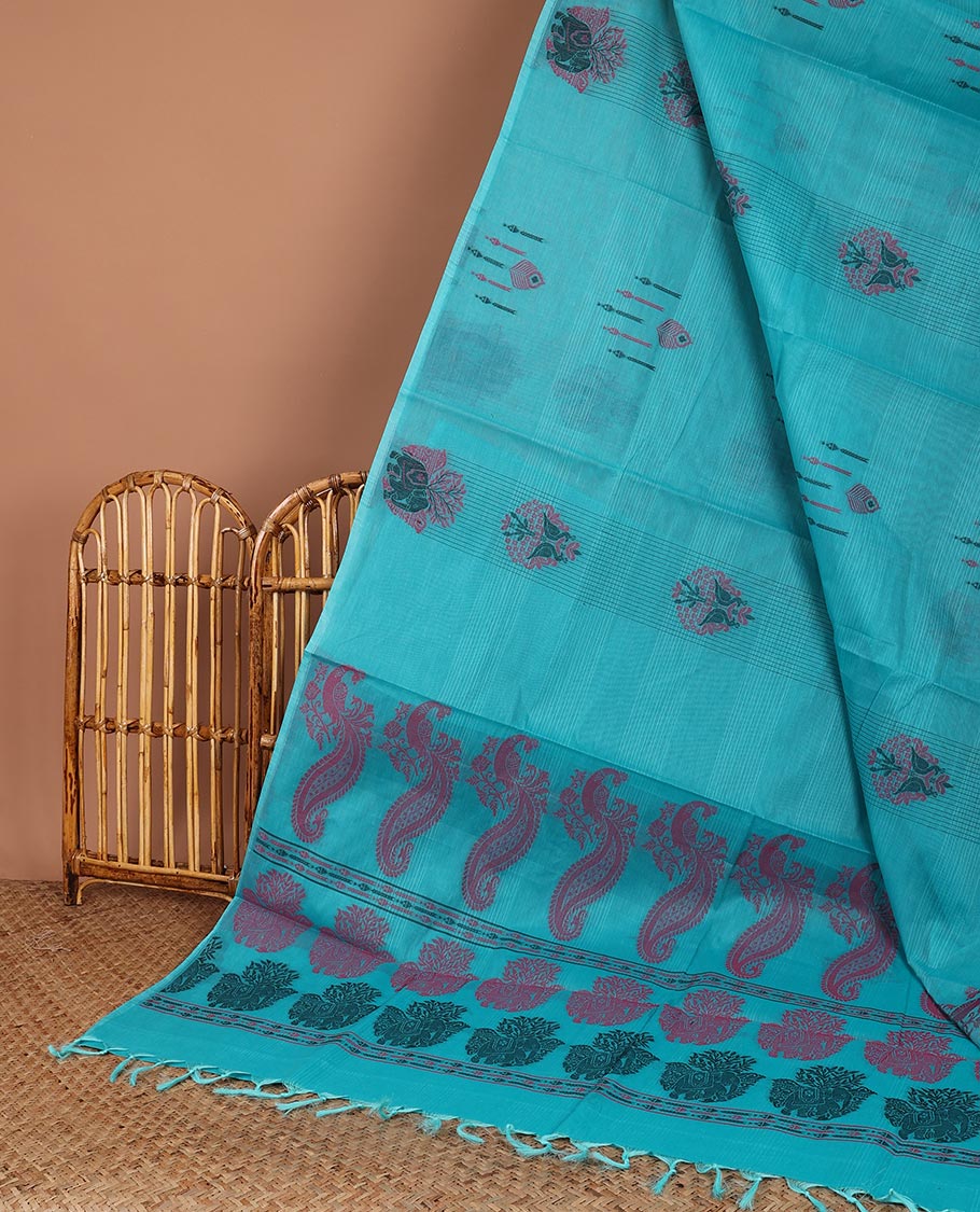 Borderless blue-striped Coimbatore cotton saree, pallu of peacock design