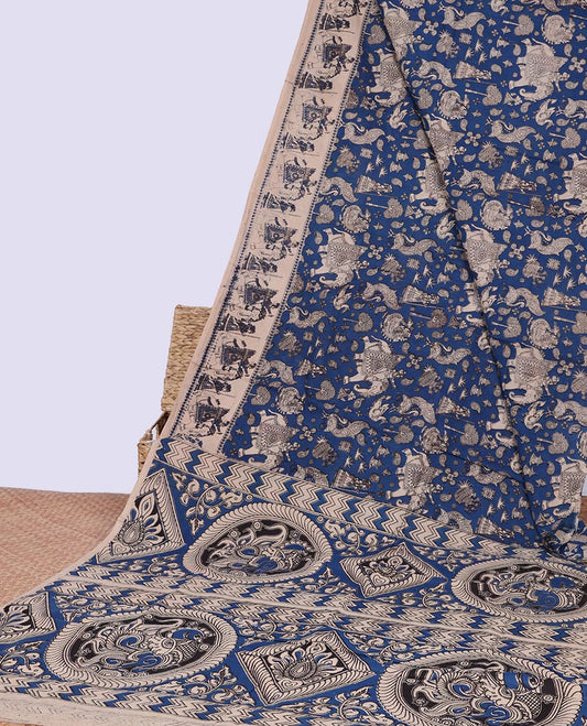 Blue intricate design machine-printed kalamkari cotton saree with elephant, human design border & floral, geometric design pallu