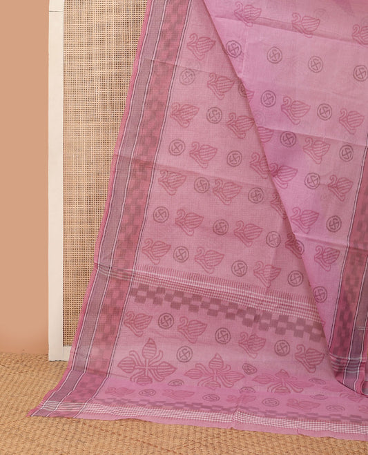 Pink uniquely printed Bengal cotton saree, ikkat-style checked border & uniquely printed pallu