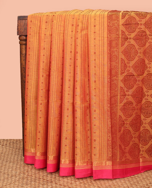 Orange Kanchi Cotton Saree, Woven with Buttas All Over Its Body, Complemented by Contrast Border, Pallu Featuring Spade Designs, and Paired with a Matching Blouse
