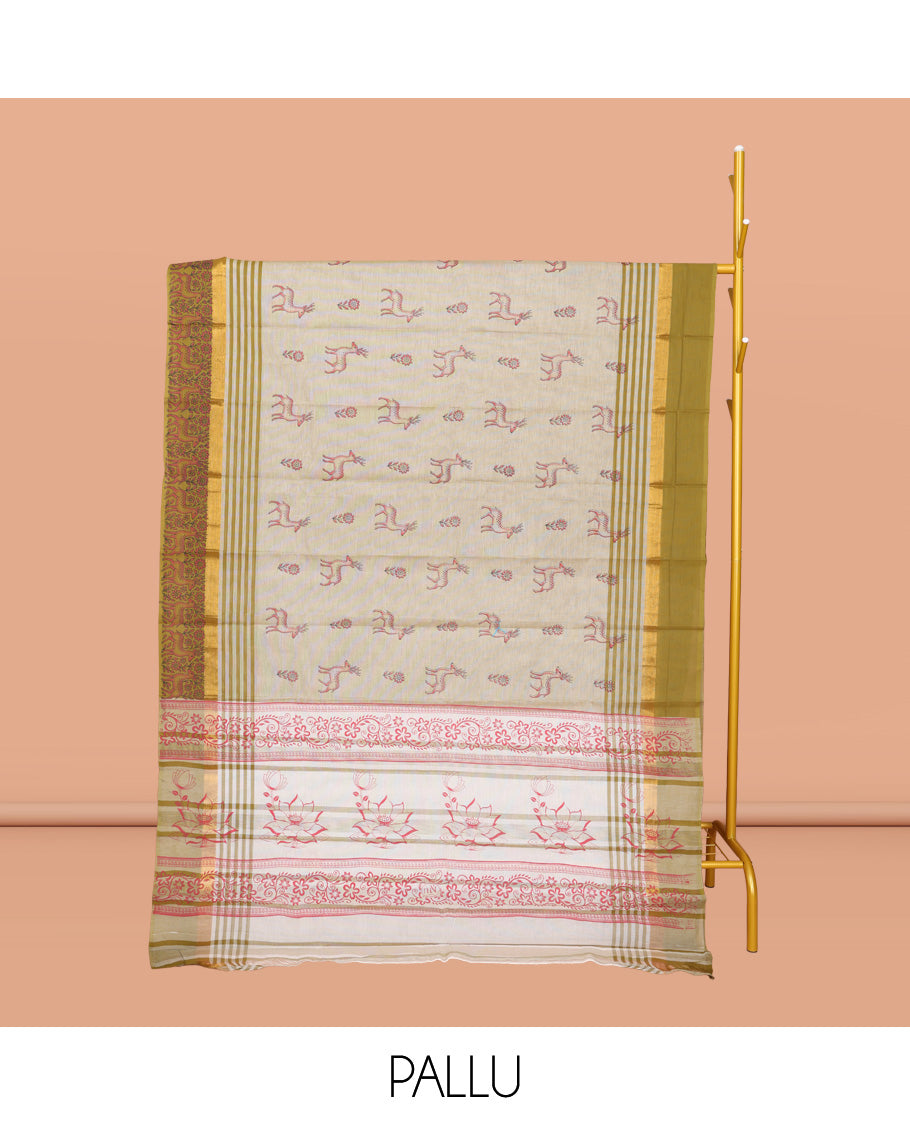 Grey Chirala Cotton Saree, Detailed with Floral and Deer Motifs, a Contrast Deer Motifs Border, Striped Pallu, and a Matching Blouse