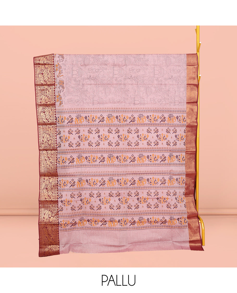 Pink Andhra Cotton Saree, Prettified with Village-Themed Print, a Contrast Peacock Zari Border, a Pallu of Patola-Print, and a Matching Blouse