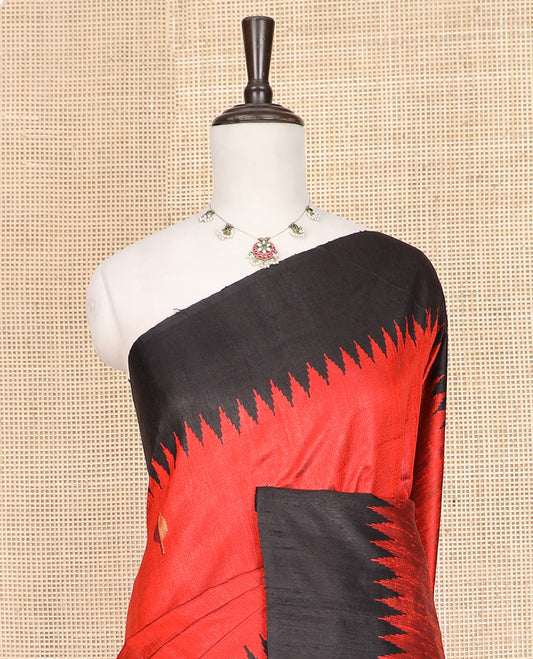 Red Dupion Silk Saree, Sparsely Sparkled with Buttas All Over Its Body, Captivating Contrast Temple Border, Zari-Woven Pallu, and Paired with a Contrast Blouse