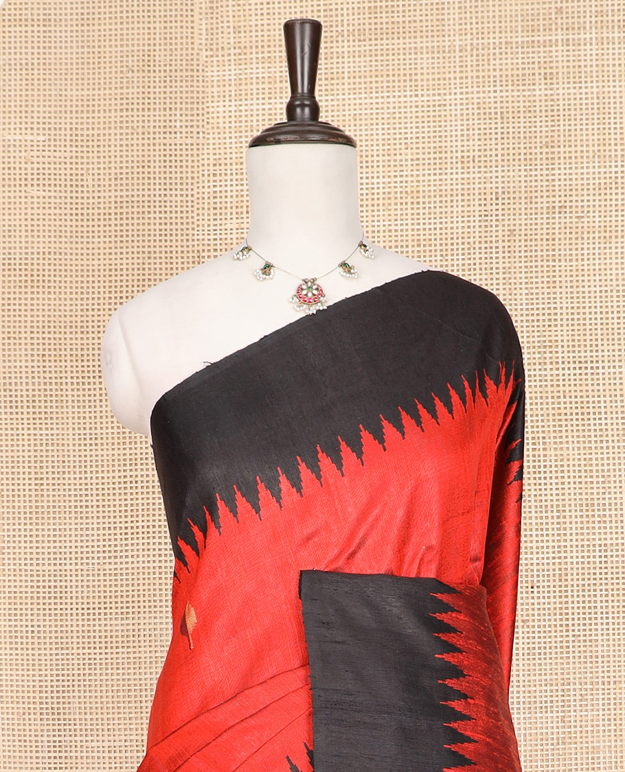 Red Dupion Silk Saree, Sparsely Sparkled with Buttas All Over Its Body, Captivating Contrast Temple Border, Zari-Woven Pallu, and Paired with a Contrast Blouse