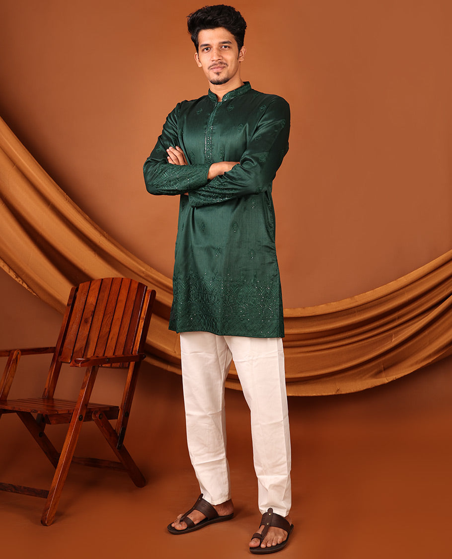 Dark Green Intricate Motifs Sequins-Thread Embroidered Full-Sleeved Men's Kurta