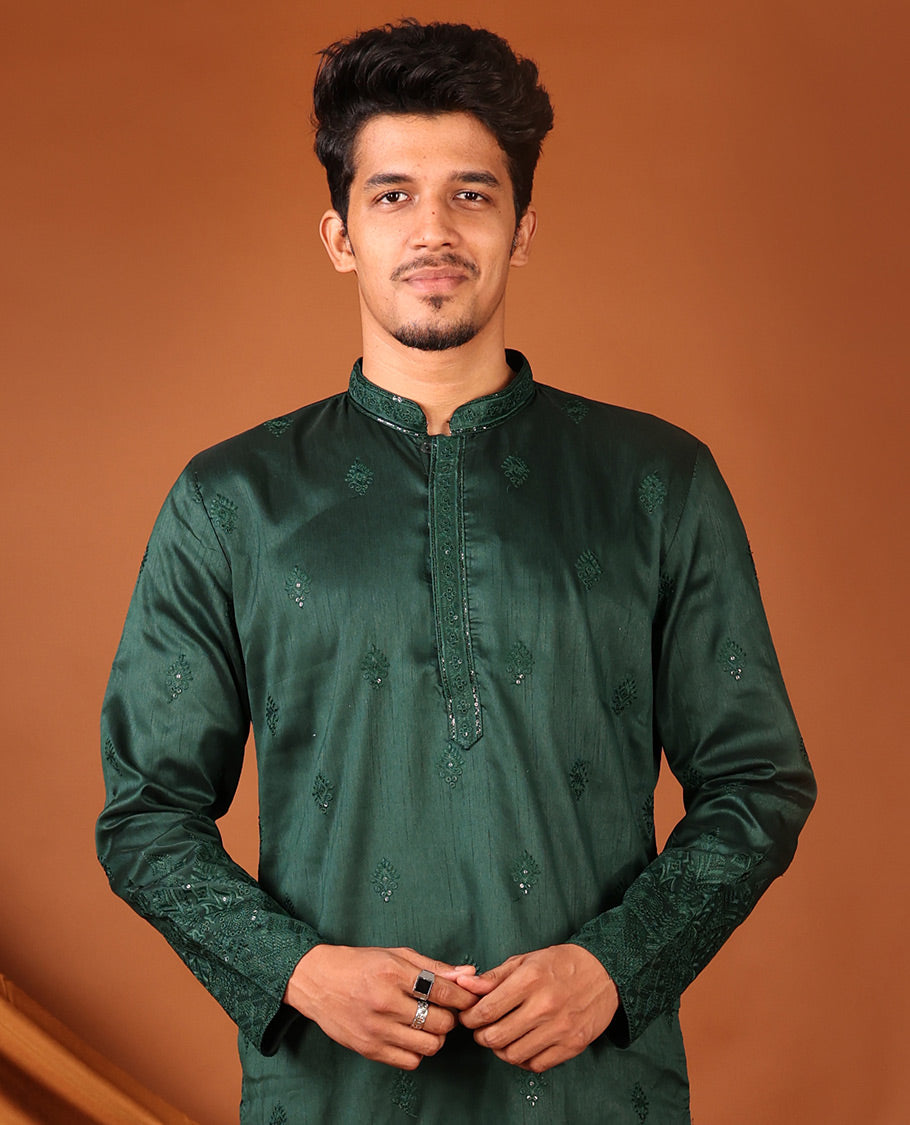 Dark Green Intricate Motifs Sequins-Thread Embroidered Full-Sleeved Men's Kurta