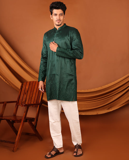Dark Green Intricate Motifs Sequins-Thread Embroidered Full-Sleeved Men's Kurta