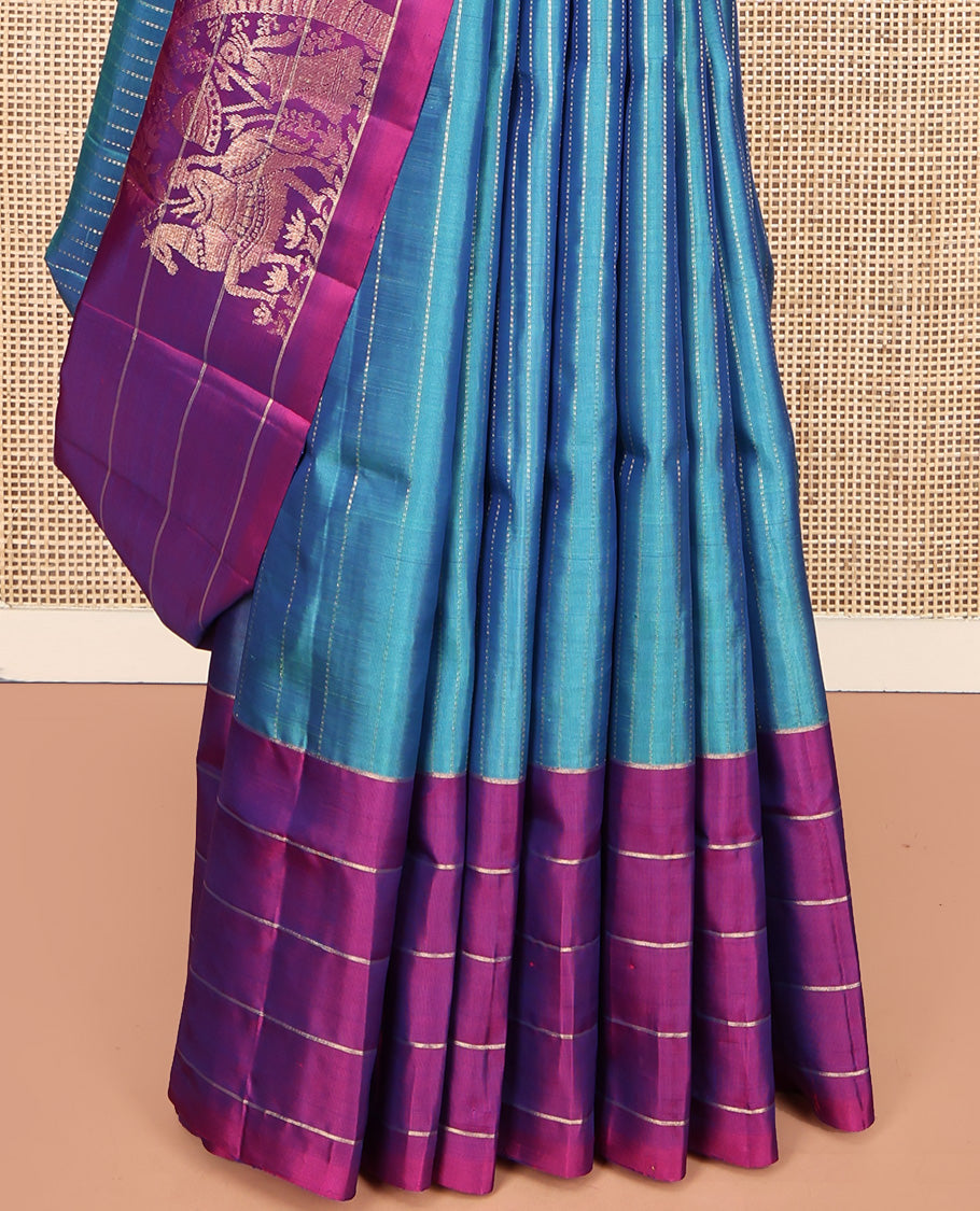 Blue Mayuri Lite Silk Mix Saree, Bedecked with Muthu Stripes All Over Its Body, Complemented by a Contrast Border of Stripes and Unique Buttas, Contrast Pallu of Intricate Designs, and Paired with a Contrast Blouse