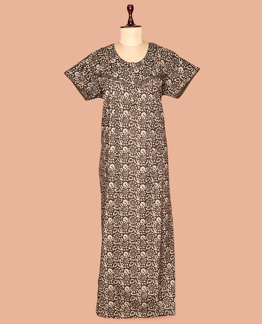 Light Brown Round Neck Cotton-Blended Nighty
