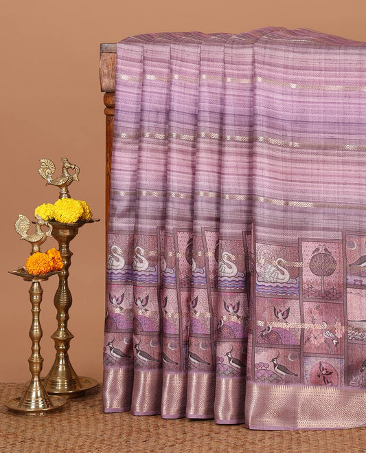 Purple horizontal zari striped with bird motifs printed soft tusser saree, traditional zari border & geometric printed pallu