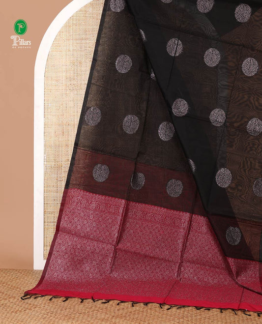 Borderless black silk cotton saree with circular-shaped zari buttas, contrast pallu of floral creeper & jaal design