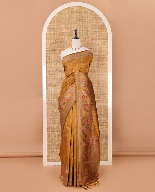 Mustard floral zari buttas jute silk saree, contrast meenakari floral creeper & jaal design border, jaal pallu & matching plain blouse