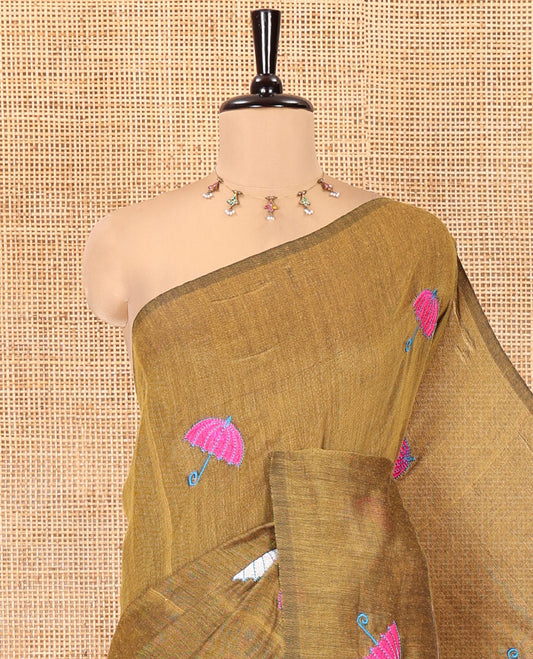 Borderless Mustard Khadi Cotton Saree, Delicately Woven with Umbrella Motifs, Thread Embroidered on Its Body, a Self-Pallu, and Paired with a Matching Blouse