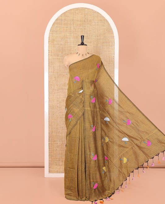 Borderless Mustard Khadi Cotton Saree, Delicately Woven with Umbrella Motifs, Thread Embroidered on Its Body, a Self-Pallu, and Paired with a Matching Blouse
