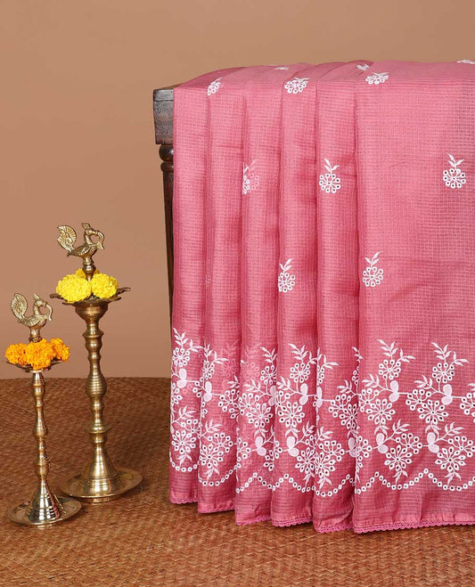 Onion pink machine cut work embroidery kotta cotton saree with self lace border & machine cut work embroidery pallu along with plain blouse