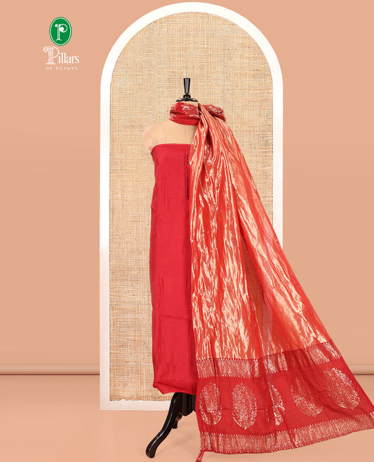 Maroon Mul Chanderi Material Chudidar Set, Woven with Pom-Pom Neckline on Its Top, a Plain Bottom, and Paired with a Banaras Tissue Zari Decked Up Dupatta