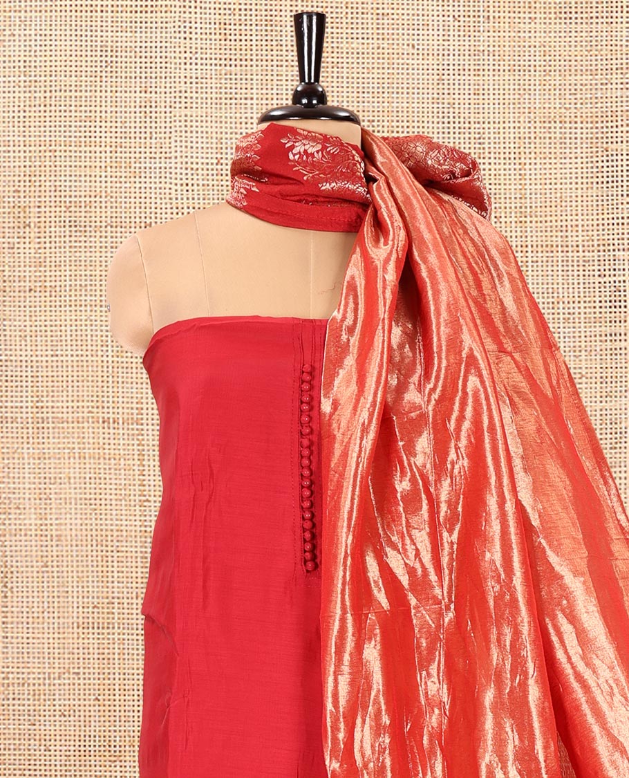 Maroon Mul Chanderi Material Chudidar Set, Woven with Pom-Pom Neckline on Its Top, a Plain Bottom, and Paired with a Banaras Tissue Zari Decked Up Dupatta