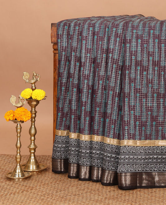 Purple checked chanderi cotton saree printed with pine-tree motifs,contrast traditional zari border & zari checked pallu