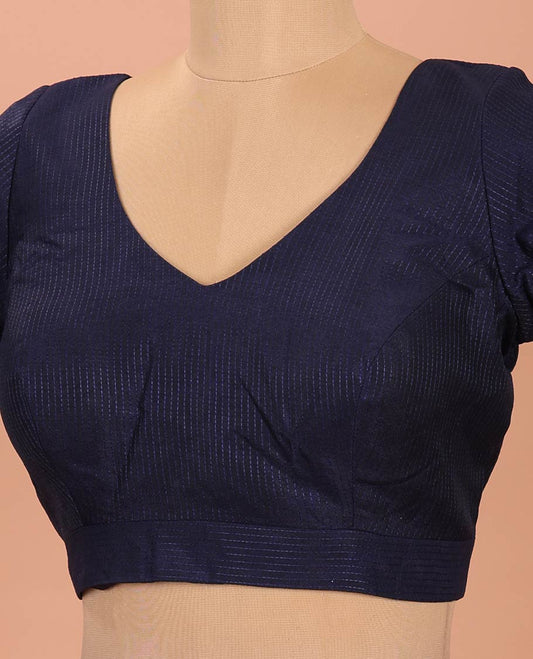Dark Blue Readymade Blouse Sparsely Woven with Thread Dotted Stripes, Featuring a Front Leaf-Neck, Back Deep Leaf-Neck, and Elbow Sleeves