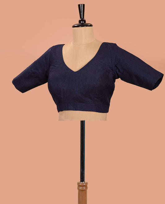 Dark Blue Readymade Blouse Sparsely Woven with Thread Dotted Stripes, Featuring a Front Leaf-Neck, Back Deep Leaf-Neck, and Elbow Sleeves