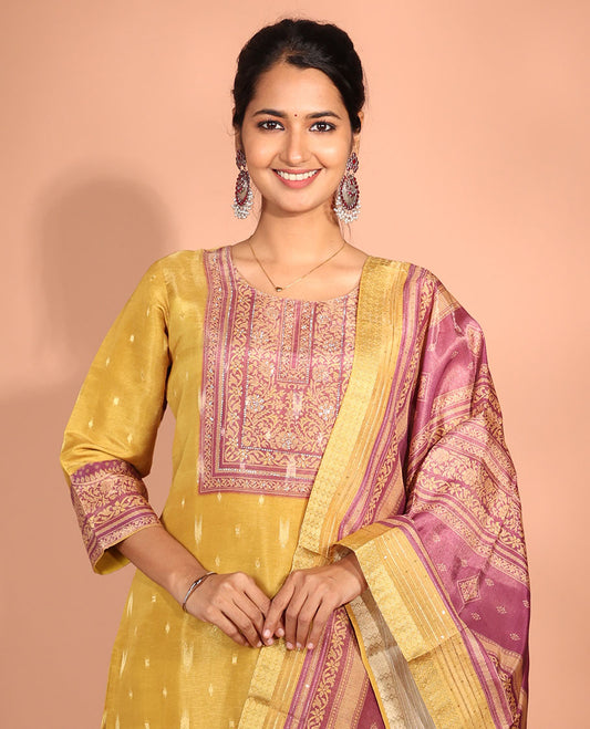Yellow Jacquard Readymade Suit