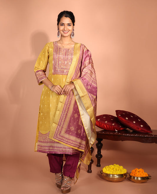 Yellow Jacquard Readymade Suit