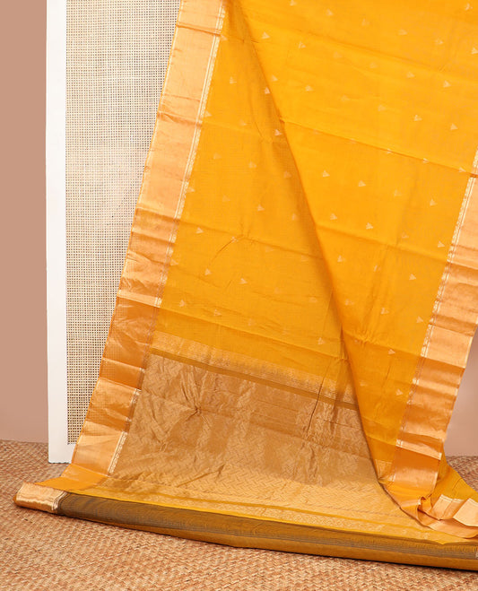 Orange trianfle motifs silk cotton saree with self zari design border & geometric design pallu