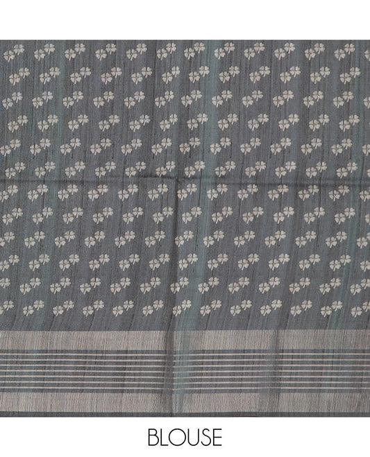 Brown floral and geometric printed tussar silk saree, contrast geometric patterned border, and pallu of geometric patterns